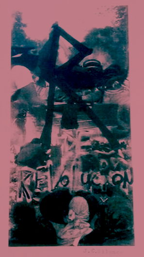 Fotografía y xilografía por Jesus de Cain de su Fanzine R de revolución, representando a capucha en revuelta de Chile Despertó