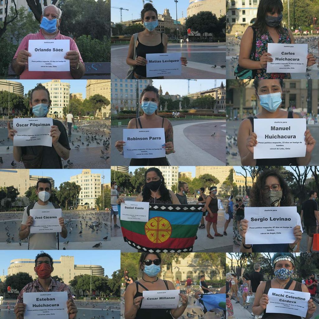 collage por apoyo a los comuneros mapuches encerrados y en huelga de hambre en Chile, apoyo desde Barcelona España